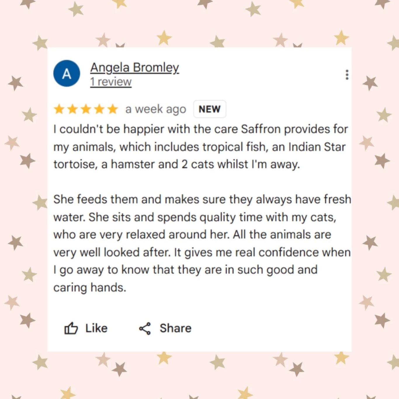 5 Star Review Customer review praising Saffron's animal care, highlighting attentive service for various pets.