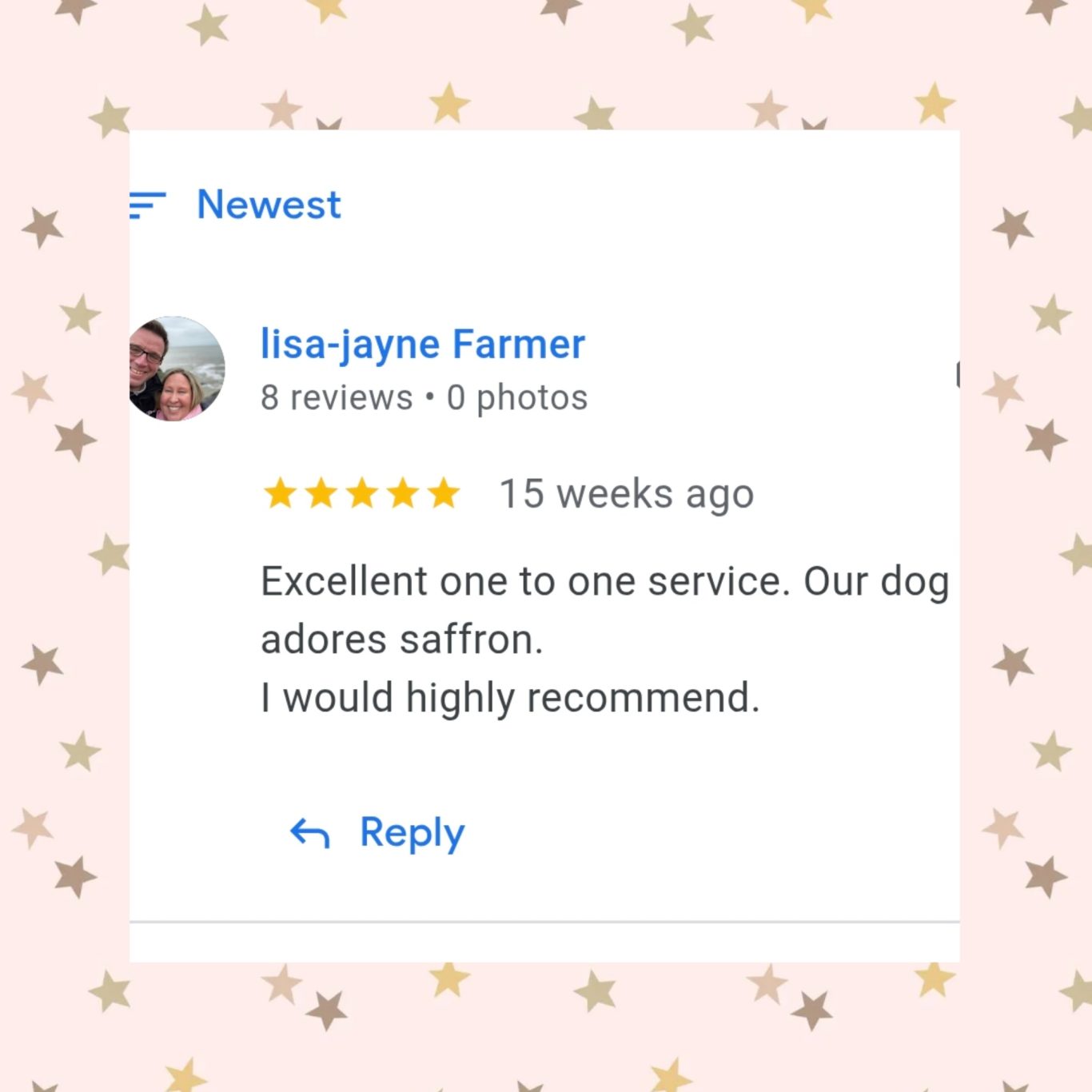 5 Star Review Review praising one-on-one service for a dog, highly recommending the service.