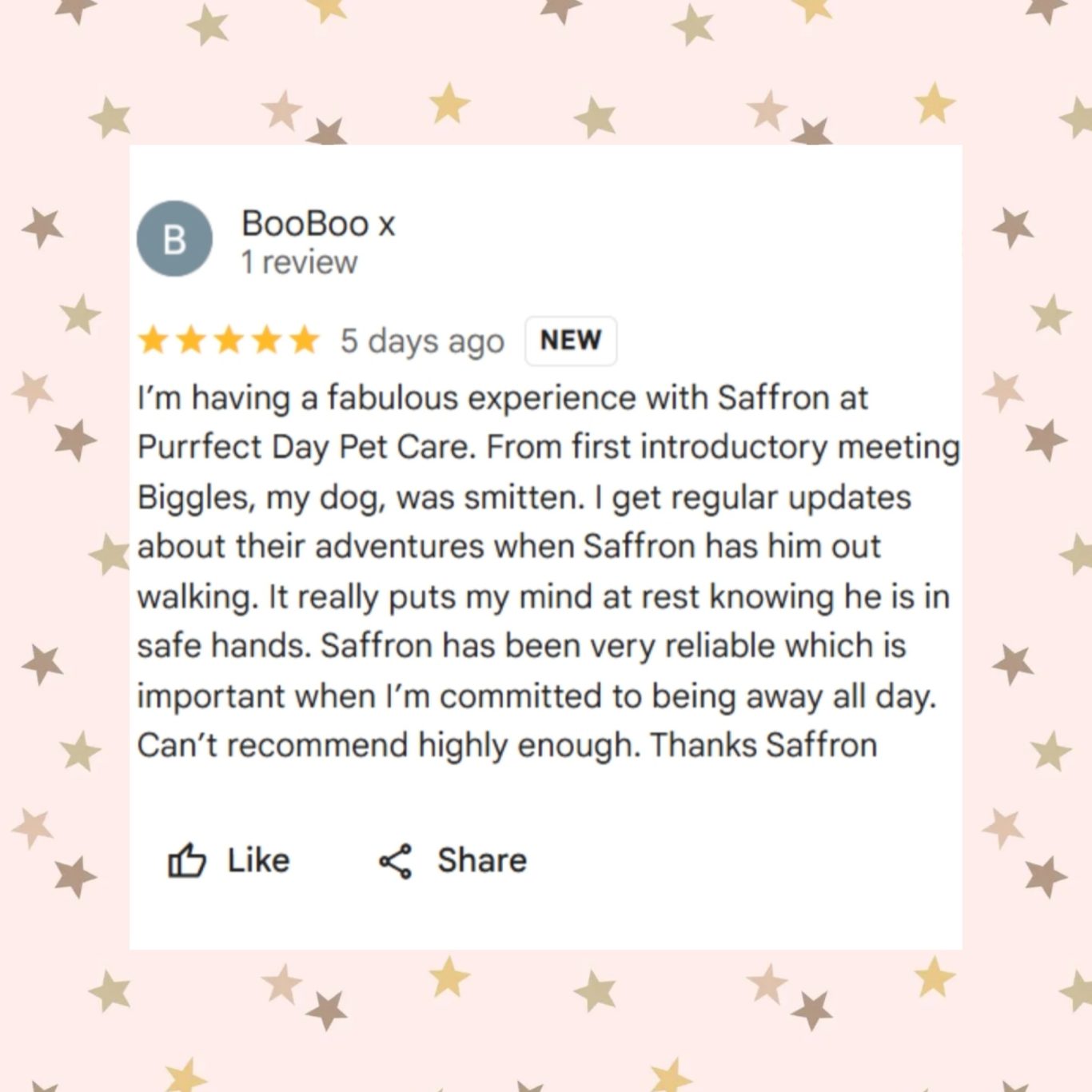 5 Star Review Review praising Saffron's reliable pet care service at Purfect Day Pet Care.